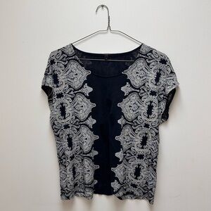 J. Crew Navy Blue and White Patterned Boho Paisley Linen Tee